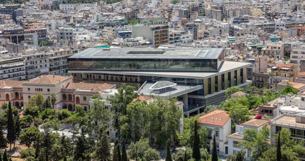 Acropolis museum aerial birds eye view, Athens, Greece