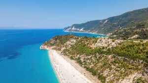 Aerial drone view of the Ionian Sea coast of Zakynthos, Greece