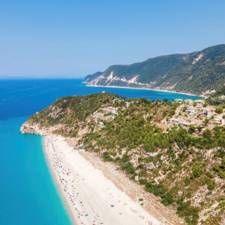 Aerial drone view of the Ionian Sea coast of Zakynthos, Greece