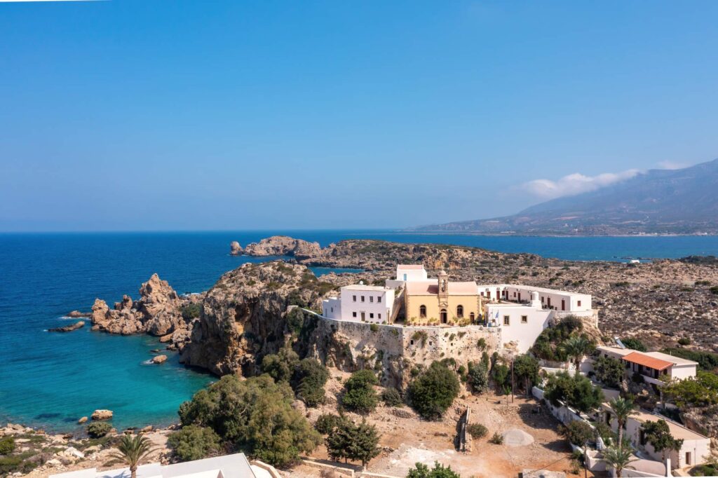 Chrysoskalitissa Monastery Chania town Crete island Greece. Aerial drone view of Holy Trinity Church