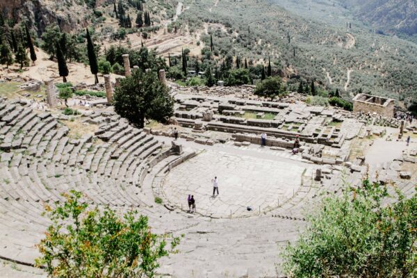 Looking down on the Delphi Amplitheatre in Greece on a warm, sunny day. UNESCO Greece.