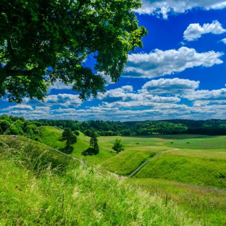 Hill forts of Kernave on a sunny day with some clouds in the sky