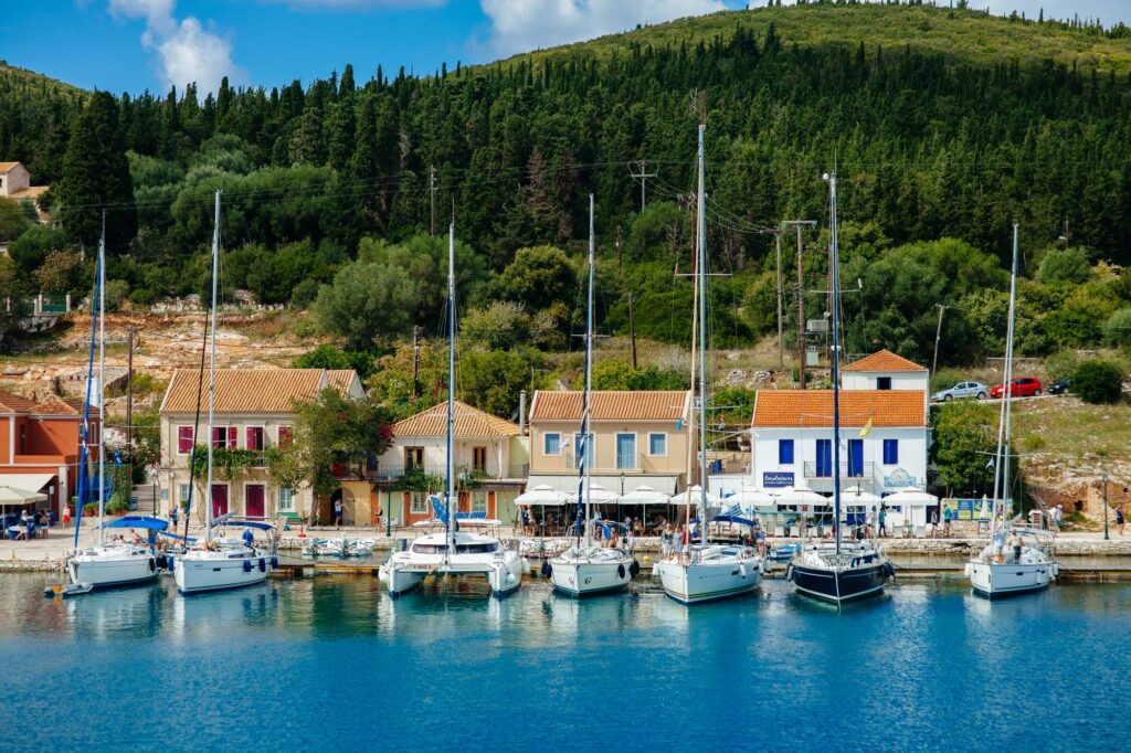 Island of Greece with very nice port and boats enter the island of Kefalonia