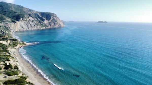 Aerial view of the tranquil sea and coastal cliffs. Zakynthos, Kalamaki