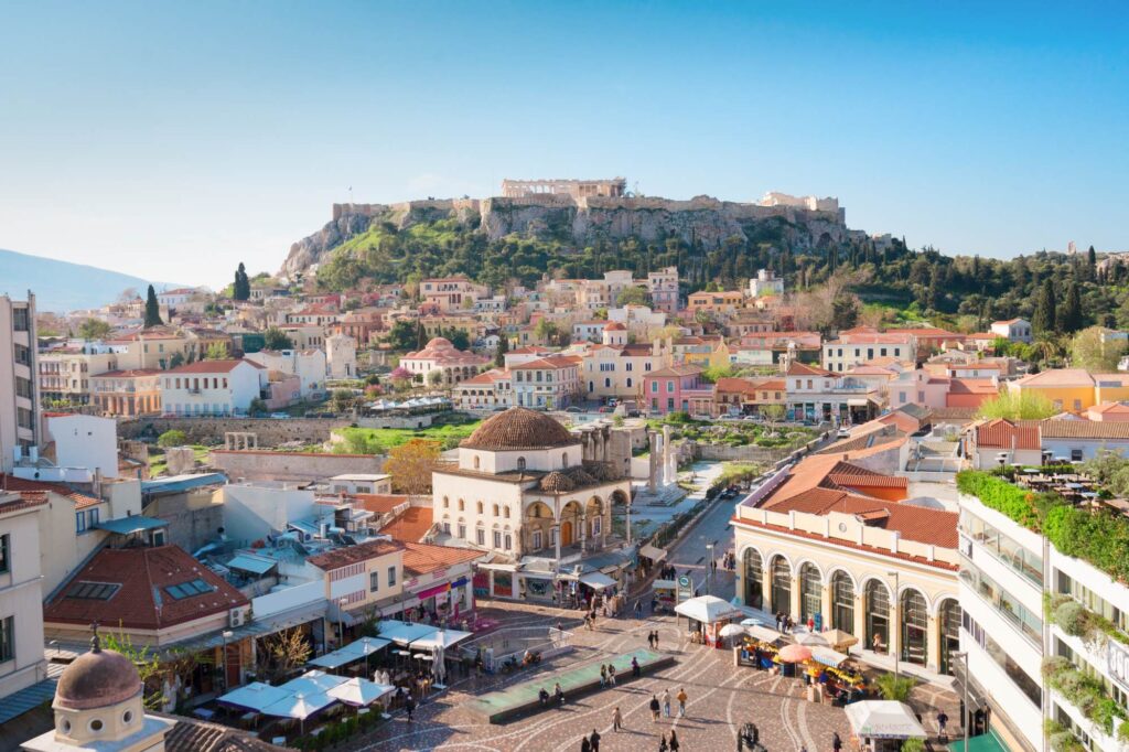 Skyline of Athenth with Moanstiraki square and Acropolis hill, Athens Greece.