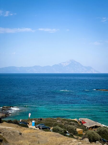 Coast of the Halkidiki Region With a View of Mount Athos