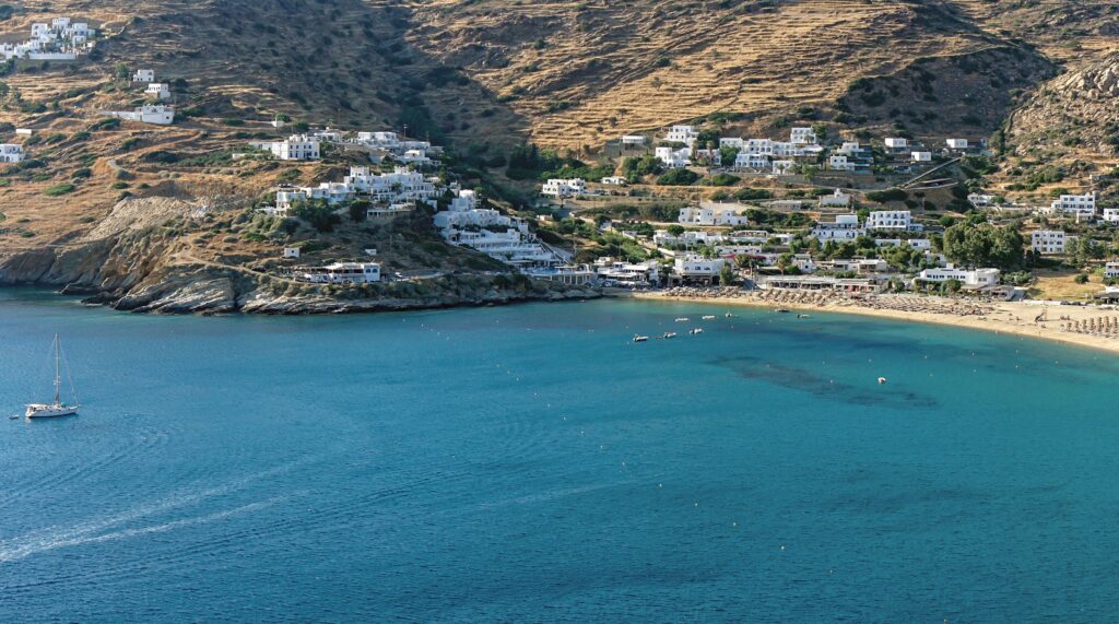 Ariel view of Ios greece as seen from the water.