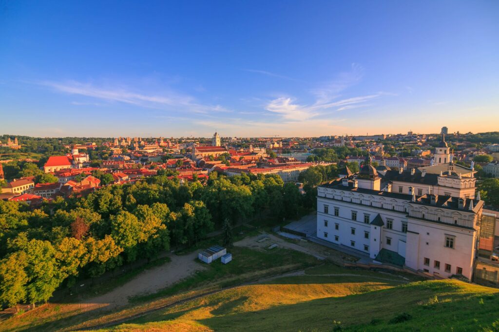 Palace of the Grand Dukes of LIthuania on a sunny day at sunset with warm colours