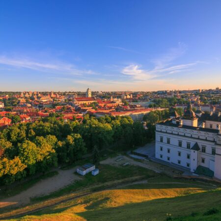 Palace of the Grand Dukes of LIthuania on a sunny day at sunset with warm colours