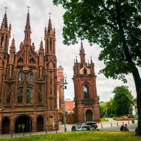 St Annes Church in Vilnius Lithuania has gothic architecture and is a brick building