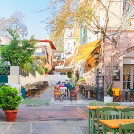 small cosy street of famous Plaka district in Athens, Greece