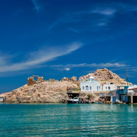 The beach of Firapotamos in Milos, Greece