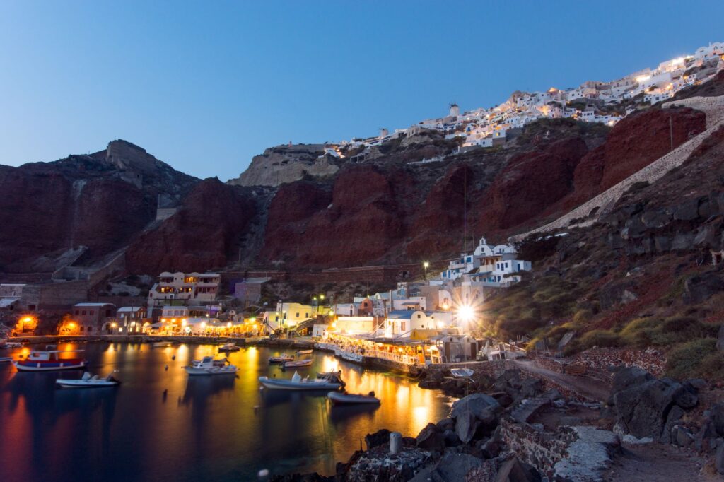 The port of Ammoudi on Santorini island with Oia up the hill