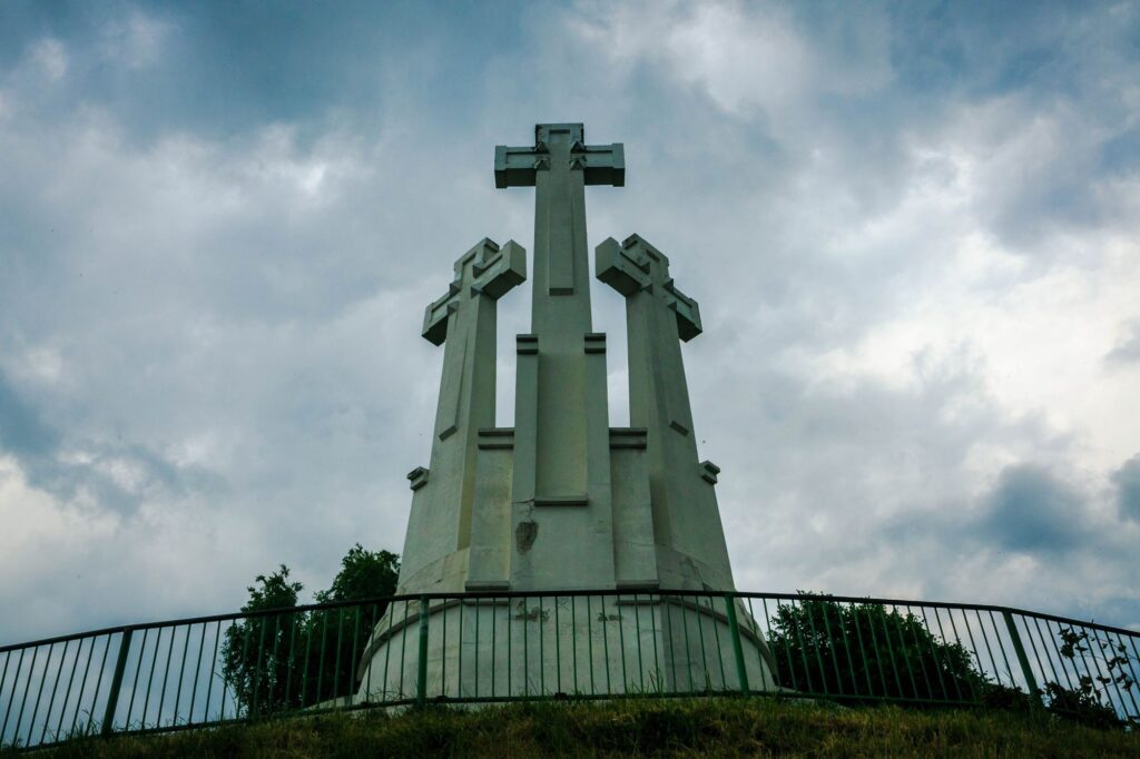 three crosses sit ontop of a hill in vilnius