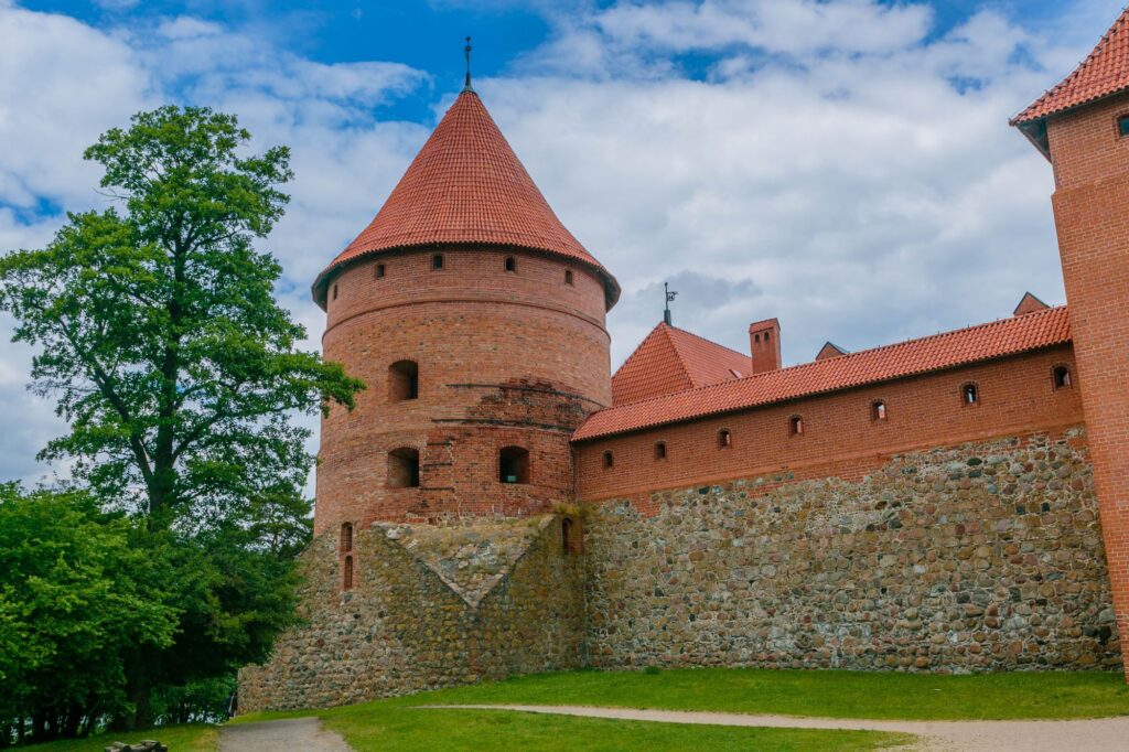 Trakai Island castle as seen from the side on a sunny day in Lithuania.