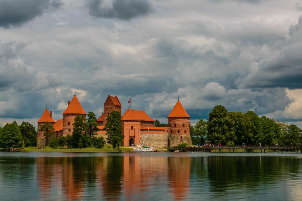 Trakai Island Castle in Lithuania on a cloudy day.