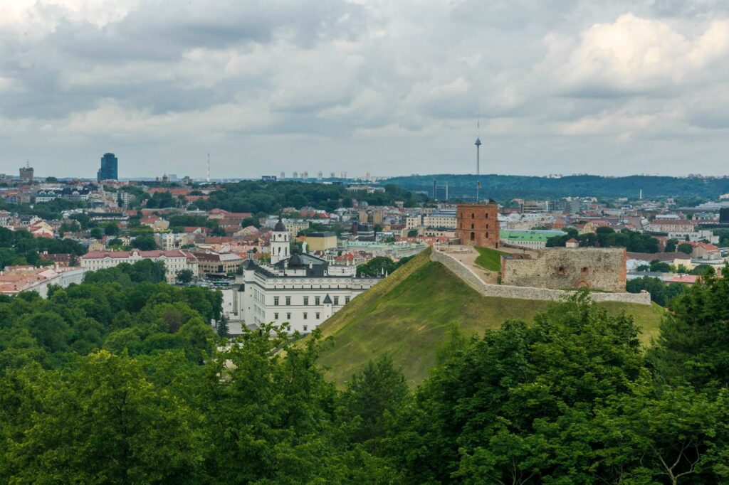 overlooking vilnius as seen from the three crosses on a cloudy day.